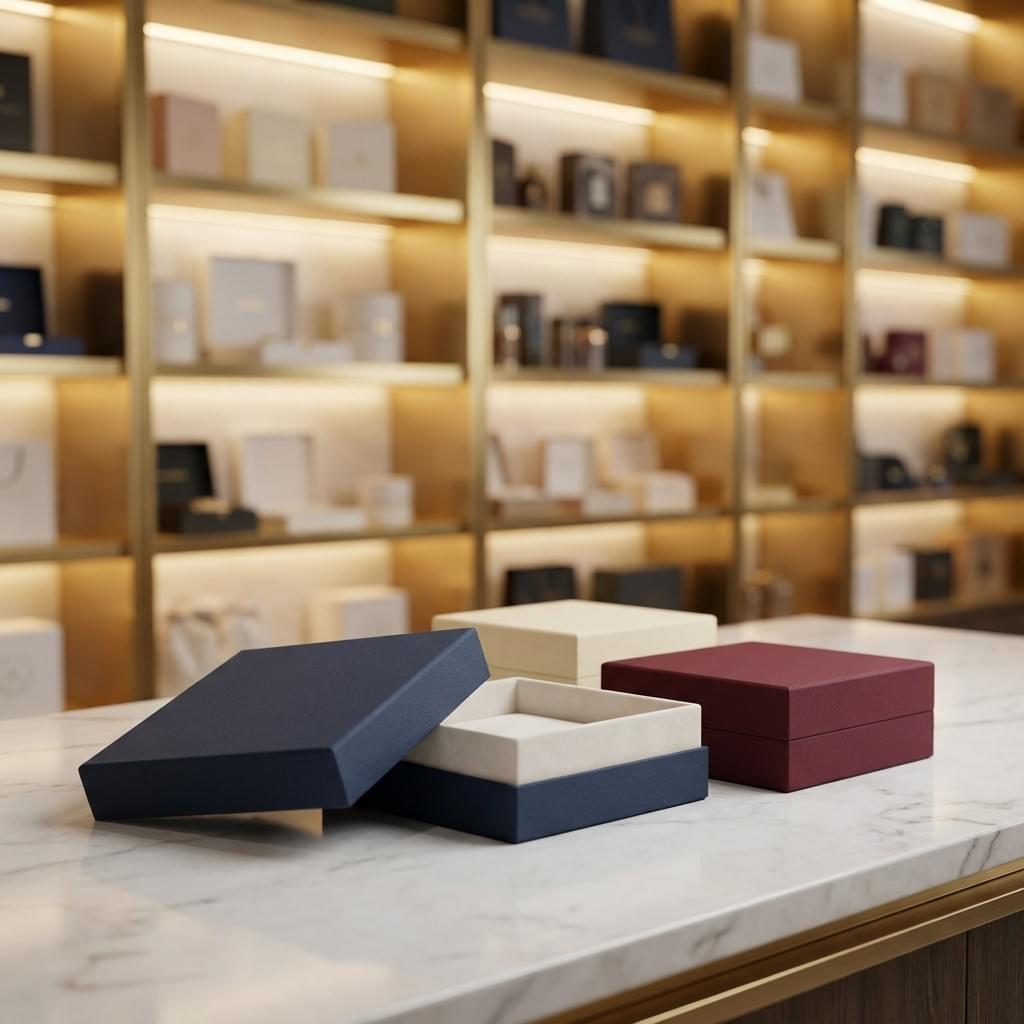 Classic two-piece lid and base rigid boxes on a marble counter, with one opened to show the interior. Classic two-piece lid and base rigid boxes on a marble counter, with one opened to show the interior.