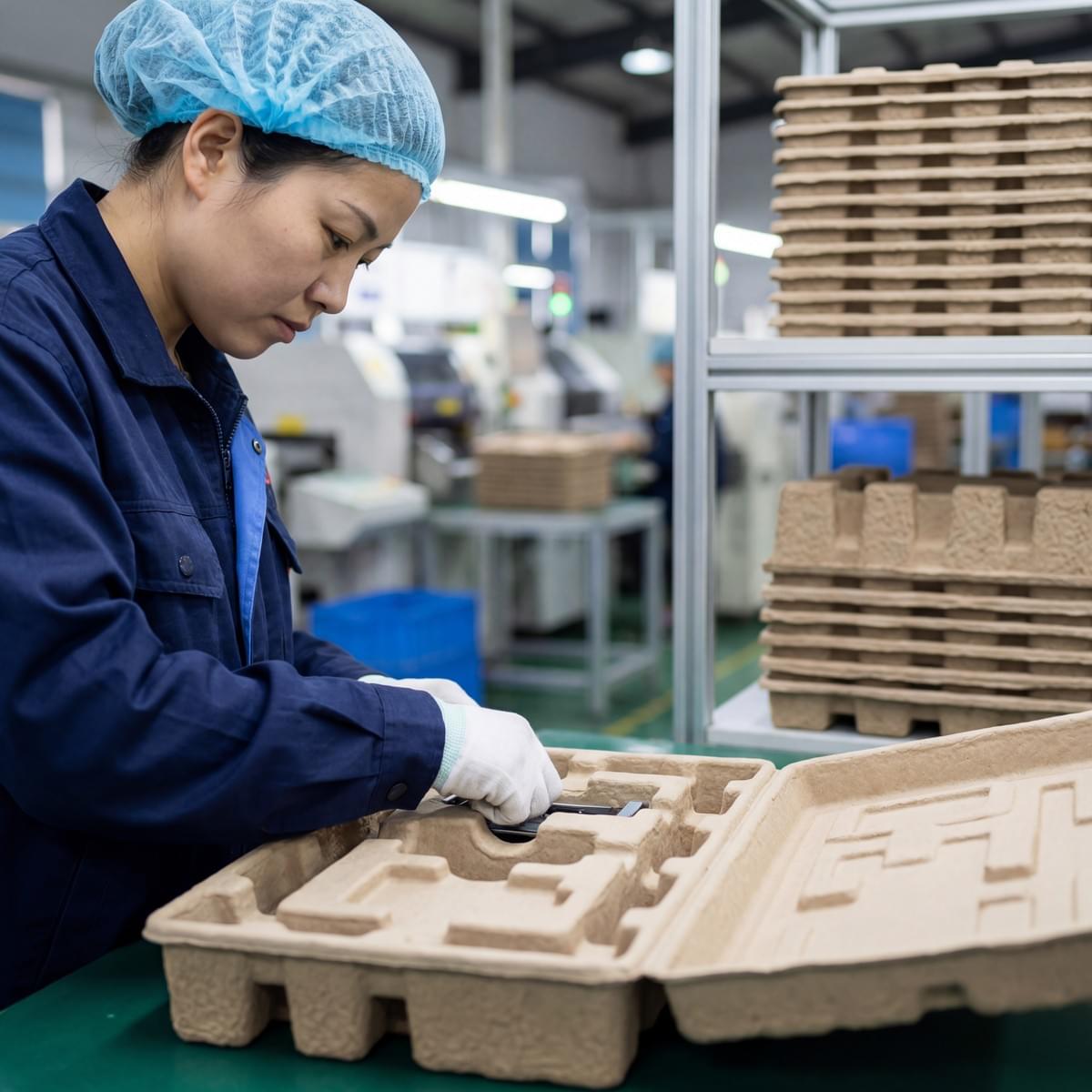 Molded pulp insert being checked in a Chinese factory for eco-friendly electronics packaging protection. Molded pulp insert being checked in a Chinese factory for eco-friendly electronics packaging protection.