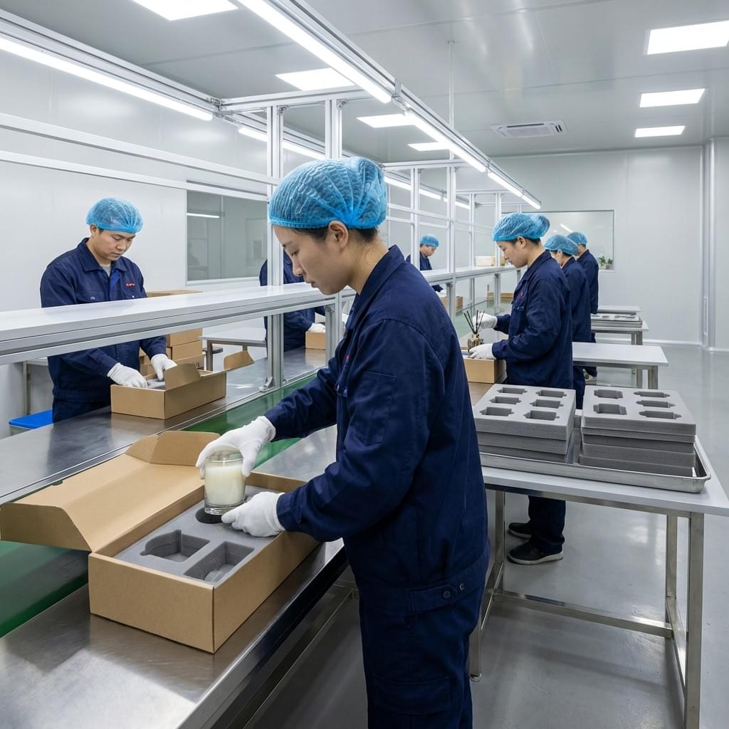 Workers installing EVA foam inserts in rigid boxes to protect glass candle jars and fragile home décor items. Workers installing EVA foam inserts in rigid boxes to protect glass candle jars and fragile home décor items.