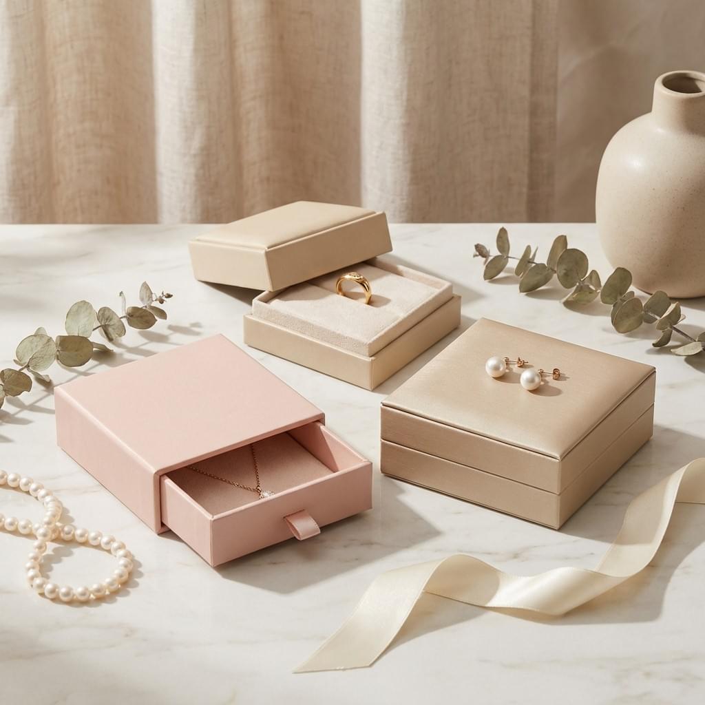Premium rigid jewelry boxes in soft neutral tones for rings, necklaces, and accessories. Premium rigid jewelry boxes in soft neutral tones for rings, necklaces, and accessories.