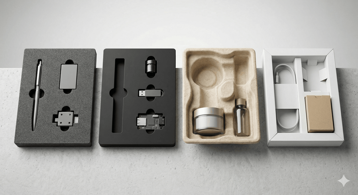 Different custom box insert materials including foam EVA molded pulp and paperboard Different custom box insert materials including foam EVA molded pulp and paperboard