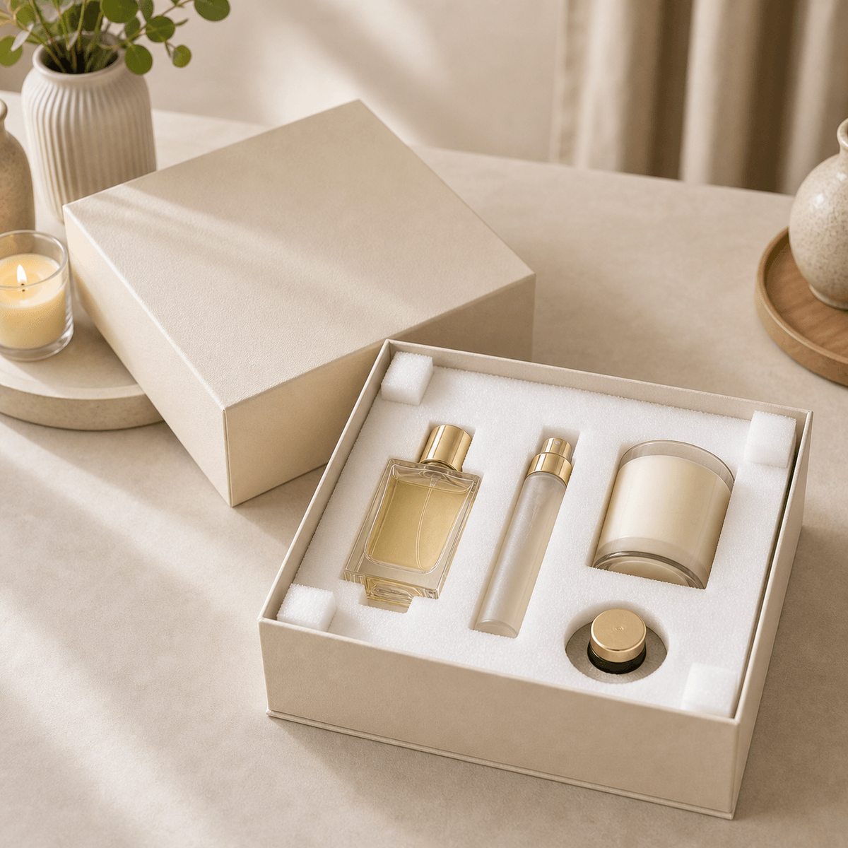 Foam inserts for fragrance packaging boxes with protective cushioning for perfume and home scent products Foam inserts for fragrance packaging boxes with protective cushioning for perfume and home scent products