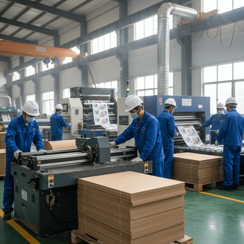 Chinese workers operating precision packaging equipment demonstrating skilled craftsmanship at QX Packs Chinese workers operating precision packaging equipment demonstrating skilled craftsmanship at QX Packs