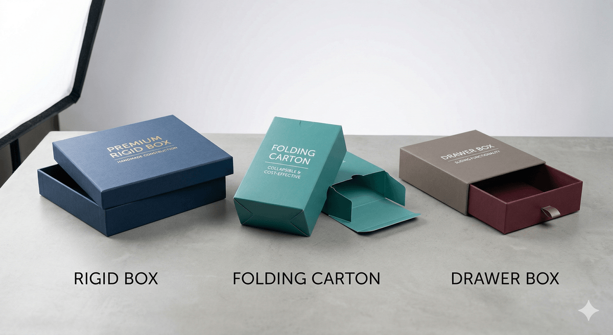 Comparison of packaging box structures including rigid boxes and folding cartons Comparison of packaging box structures including rigid boxes and folding cartons