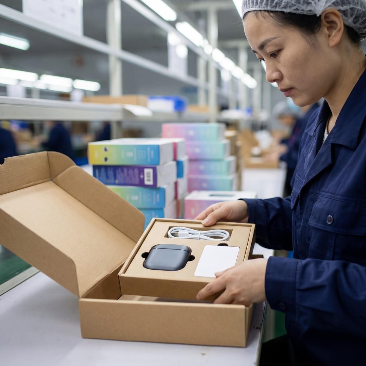Paperboard tray insert in a rigid box being fitted at a Chinese packaging factory workstation. Paperboard tray insert in a rigid box being fitted at a Chinese packaging factory workstation.