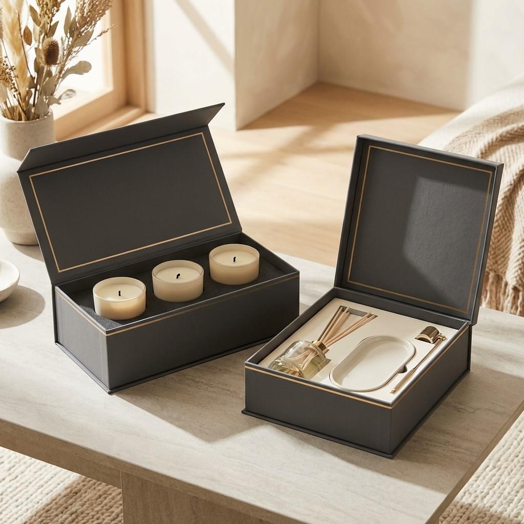 Gift-ready rigid boxes with premium inserts for candles and home fragrance sets, designed for an elevated unboxing experience. Gift-ready rigid boxes with premium inserts for candles and home fragrance sets, designed for an elevated unboxing experience.