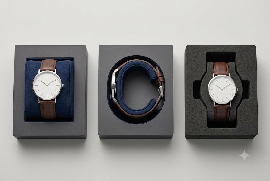 Watch box fitment options including a velvet pillow, C-shaped holder and fitted EVA insert Watch box fitment options including a velvet pillow, C-shaped holder and fitted EVA insert