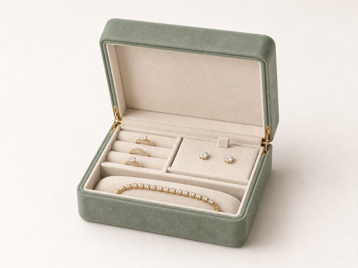 Muted sage green hinged jewelry box with velvet lining for rings earrings and bracelet Muted sage green hinged jewelry box with velvet lining for rings earrings and bracelet