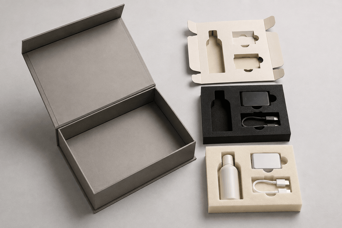 Custom rigid box with paperboard EVA and foam insert options Custom rigid box with paperboard EVA and foam insert options