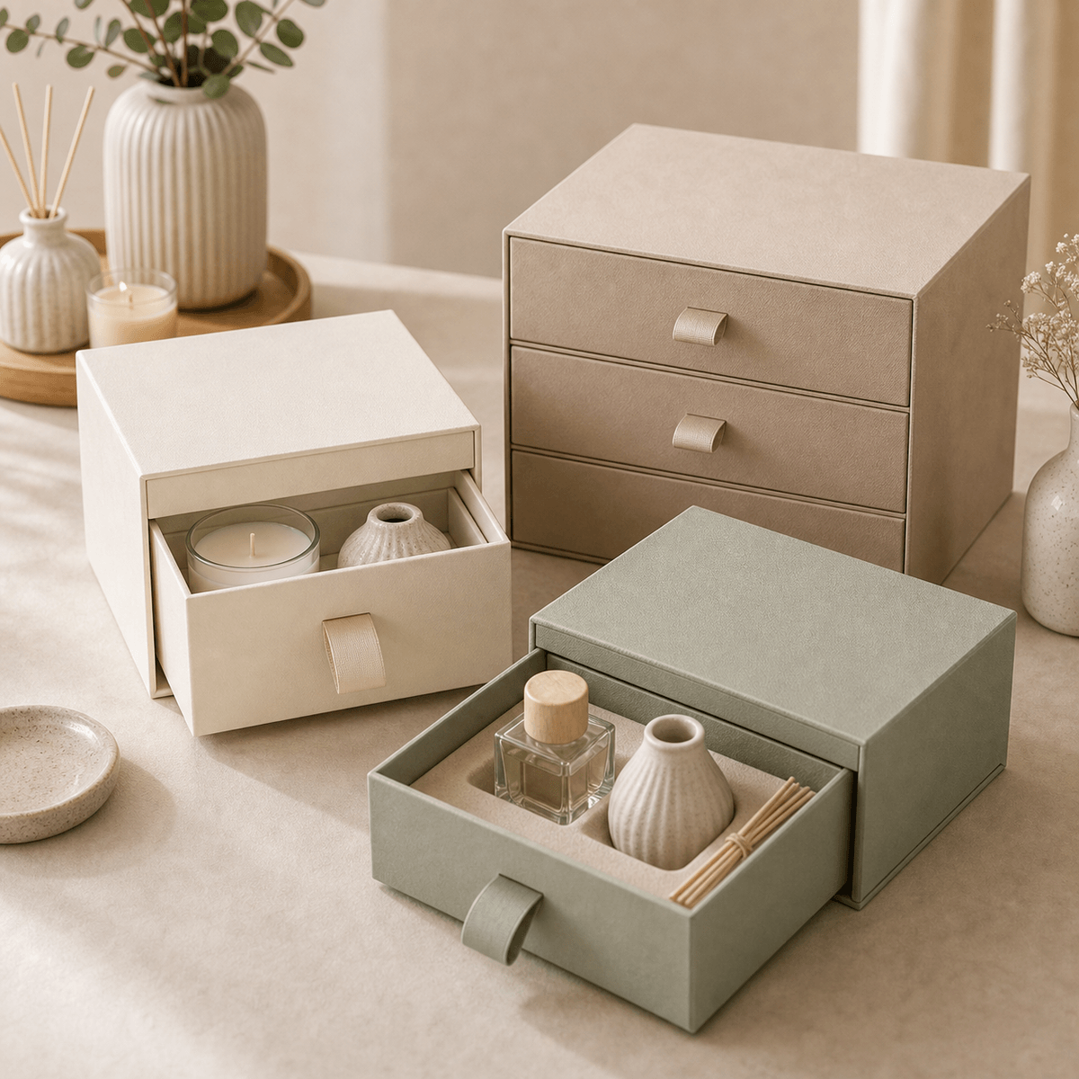Drawer style fragrance gift set packaging boxes with custom inserts for perfume and candles Drawer style fragrance gift set packaging boxes with custom inserts for perfume and candles