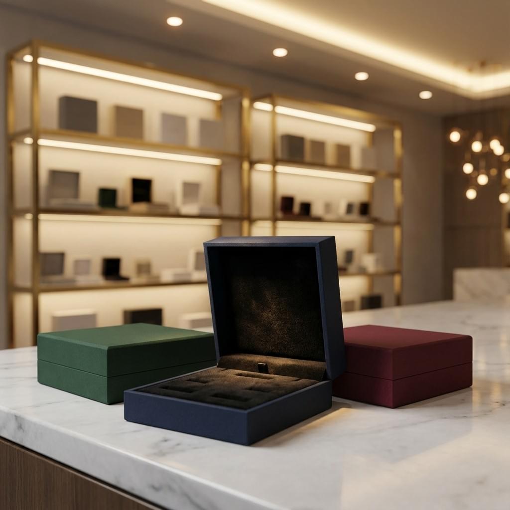 Luxury rigid box with a velvet flocked insert, shown open to highlight the soft texture and cutouts. Luxury rigid box with a velvet flocked insert, shown open to highlight the soft texture and cutouts.