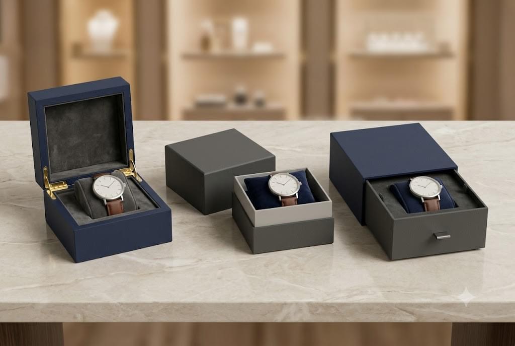 Hinged, lid and base, and drawer style custom watch boxes shown with fitted watch inserts Hinged, lid and base, and drawer style custom watch boxes shown with fitted watch inserts
