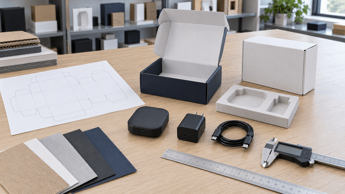 Electronics packaging production review with product sample box dieline and material swatches Electronics packaging production review with product sample box dieline and material swatches