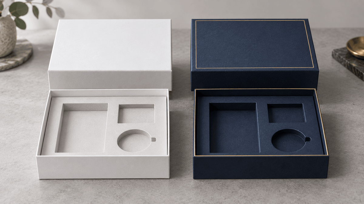 White structural prototype compared with a finished printed custom rigid box sample White structural prototype compared with a finished printed custom rigid box sample