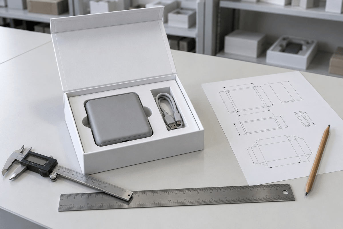 White packaging prototype used to check product fit, dimensions and insert layout White packaging prototype used to check product fit, dimensions and insert layout