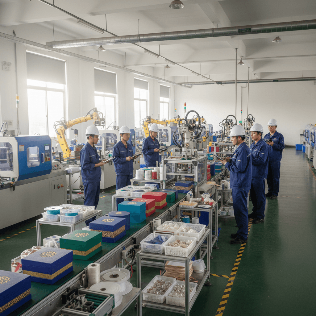 QX Packs workers reviewing packaging prototypes and dielines inside the factory QX Packs workers reviewing packaging prototypes and dielines inside the factory