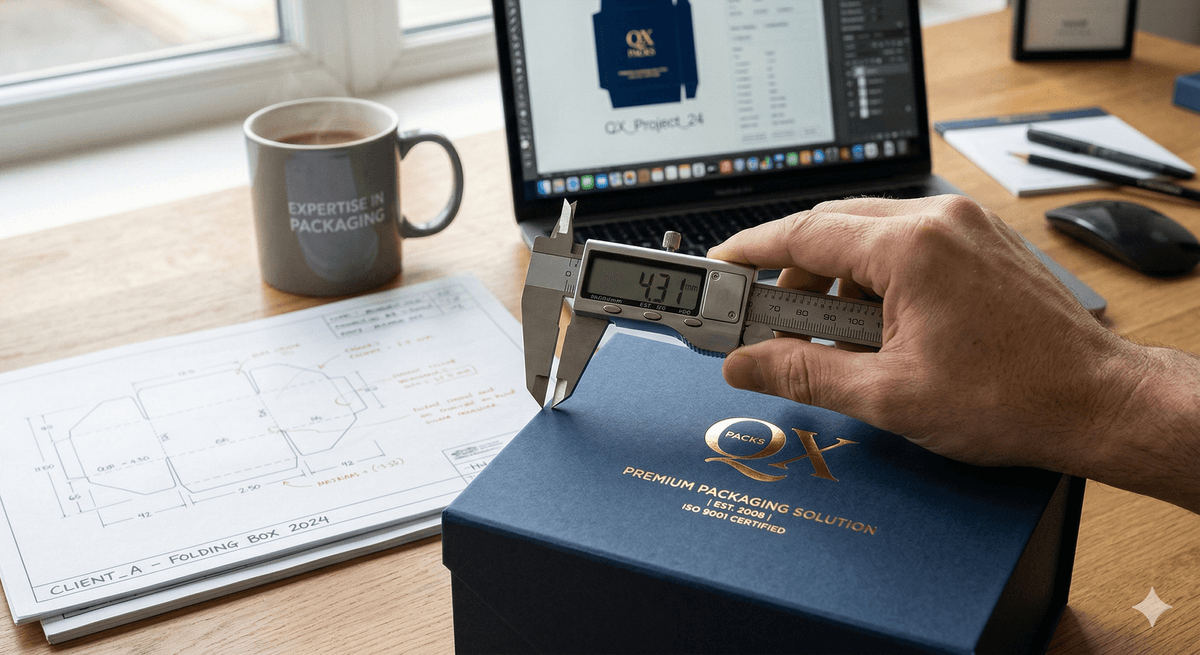 ustom packaging box sample measurement and quality check at QX Packs factory ustom packaging box sample measurement and quality check at QX Packs factory