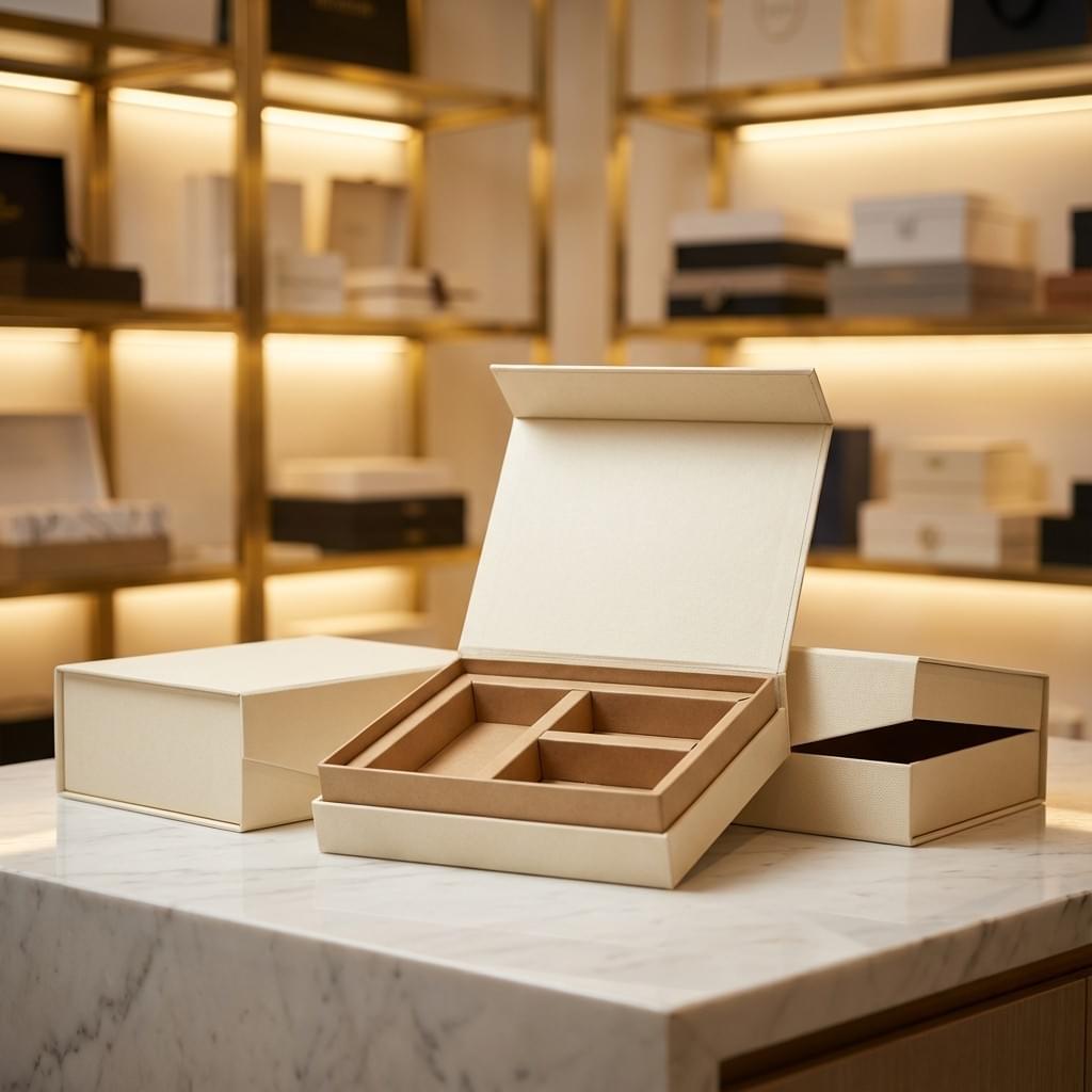 Rigid box with a folded paperboard tray insert and dividers for organized packaging. Rigid box with a folded paperboard tray insert and dividers for organized packaging.