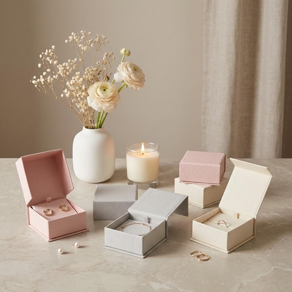 Lightweight folding cartons in pastel tones designed for earrings, bracelets, and small accessories. Lightweight folding cartons in pastel tones designed for earrings, bracelets, and small accessories.