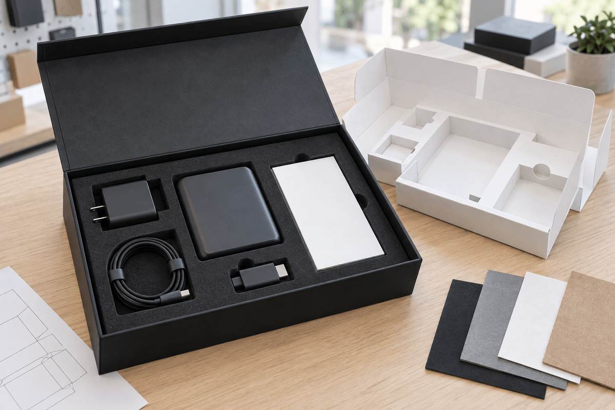 Custom insert layout for electronics accessory packaging with charger cable and device components Custom insert layout for electronics accessory packaging with charger cable and device components