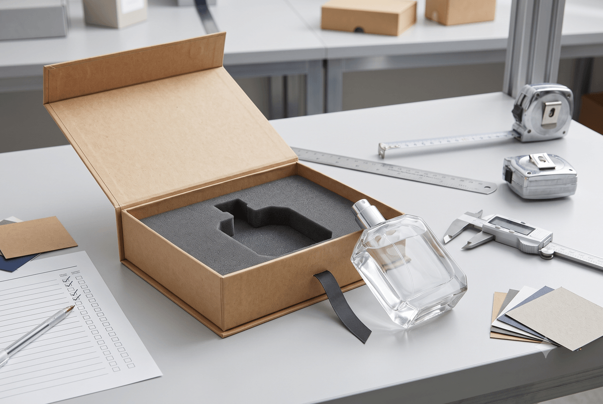 Sample fitting check for a glass fragrance bottle and custom packaging insert Sample fitting check for a glass fragrance bottle and custom packaging insert