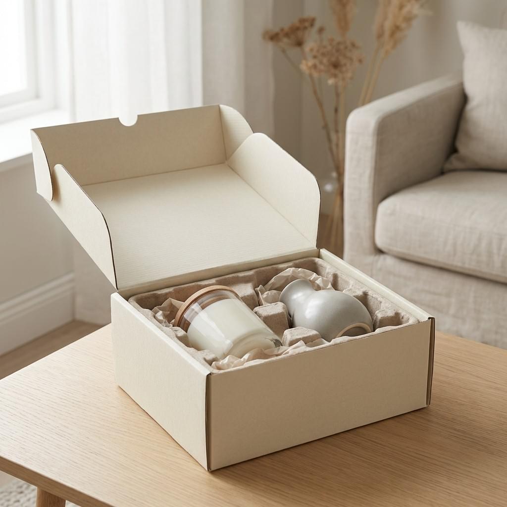 Protective rigid box packaging with custom insert for fragile home décor items like ceramics and glass candle jars. Protective rigid box packaging with custom insert for fragile home décor items like ceramics and glass candle jars.