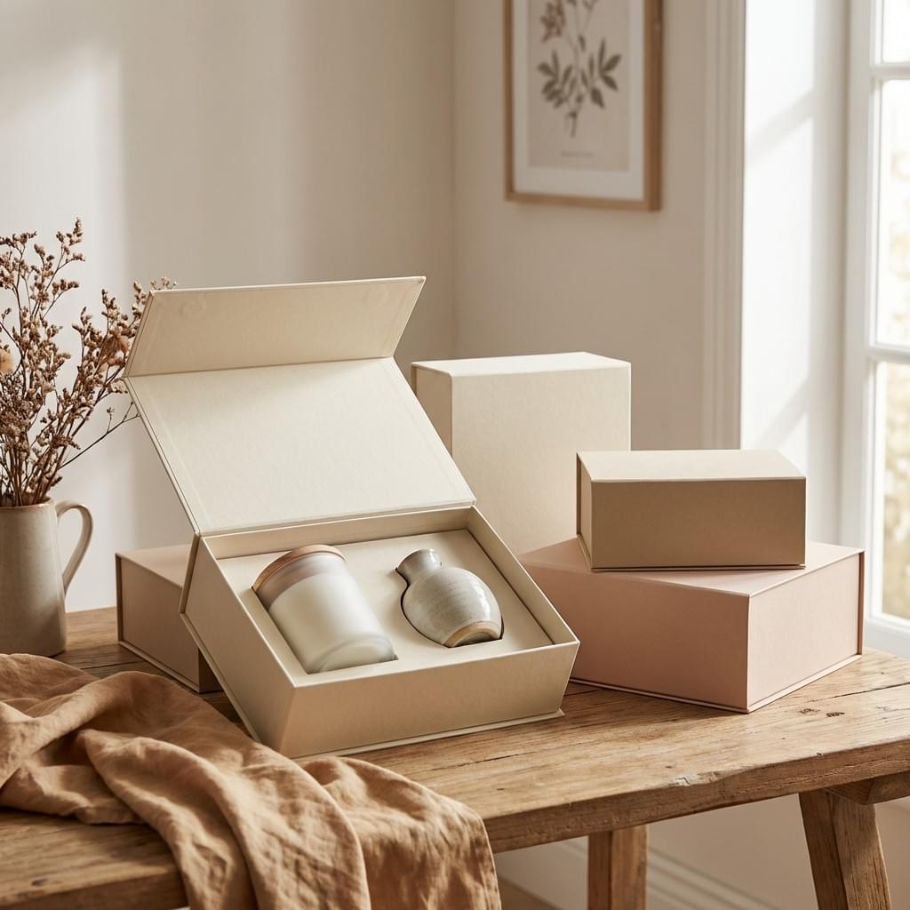 Luxury rigid gift boxes for home décor and lifestyle products with protective inserts for candles and ceramics. Luxury rigid gift boxes for home décor and lifestyle products with protective inserts for candles and ceramics.