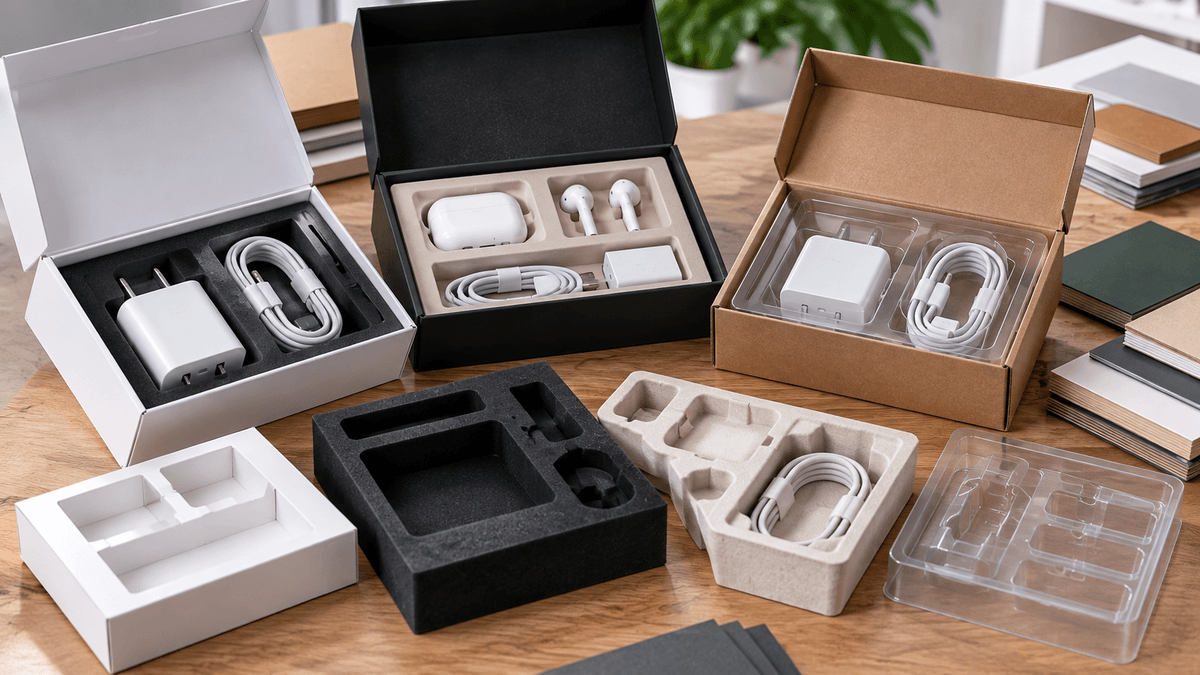 Electronics accessory packaging insert tray layout for chargers cables earbuds and retail kits Electronics accessory packaging insert tray layout for chargers cables earbuds and retail kits