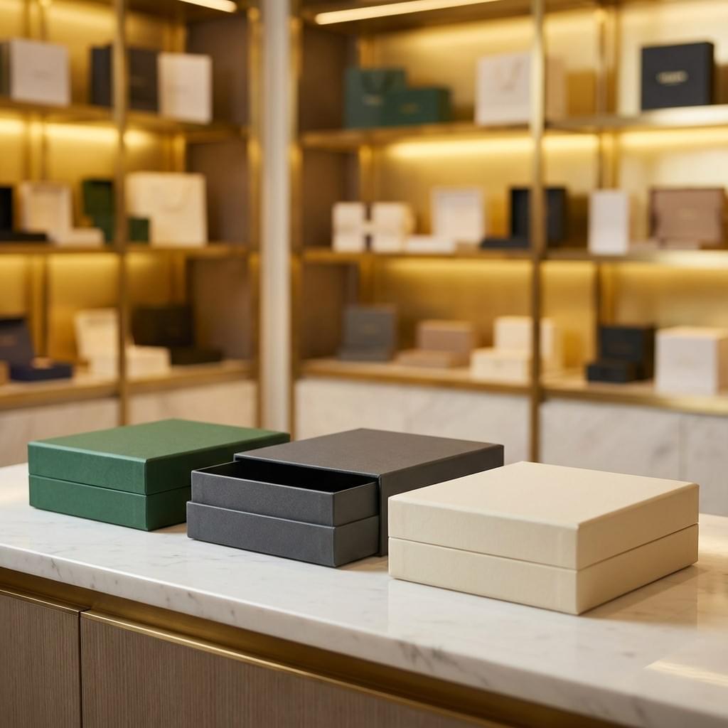 Partial-cover lid boxes with shallow lids for a modern minimal look, one slightly opened to show the structure. Partial-cover lid boxes with shallow lids for a modern minimal look, one slightly opened to show the structure.