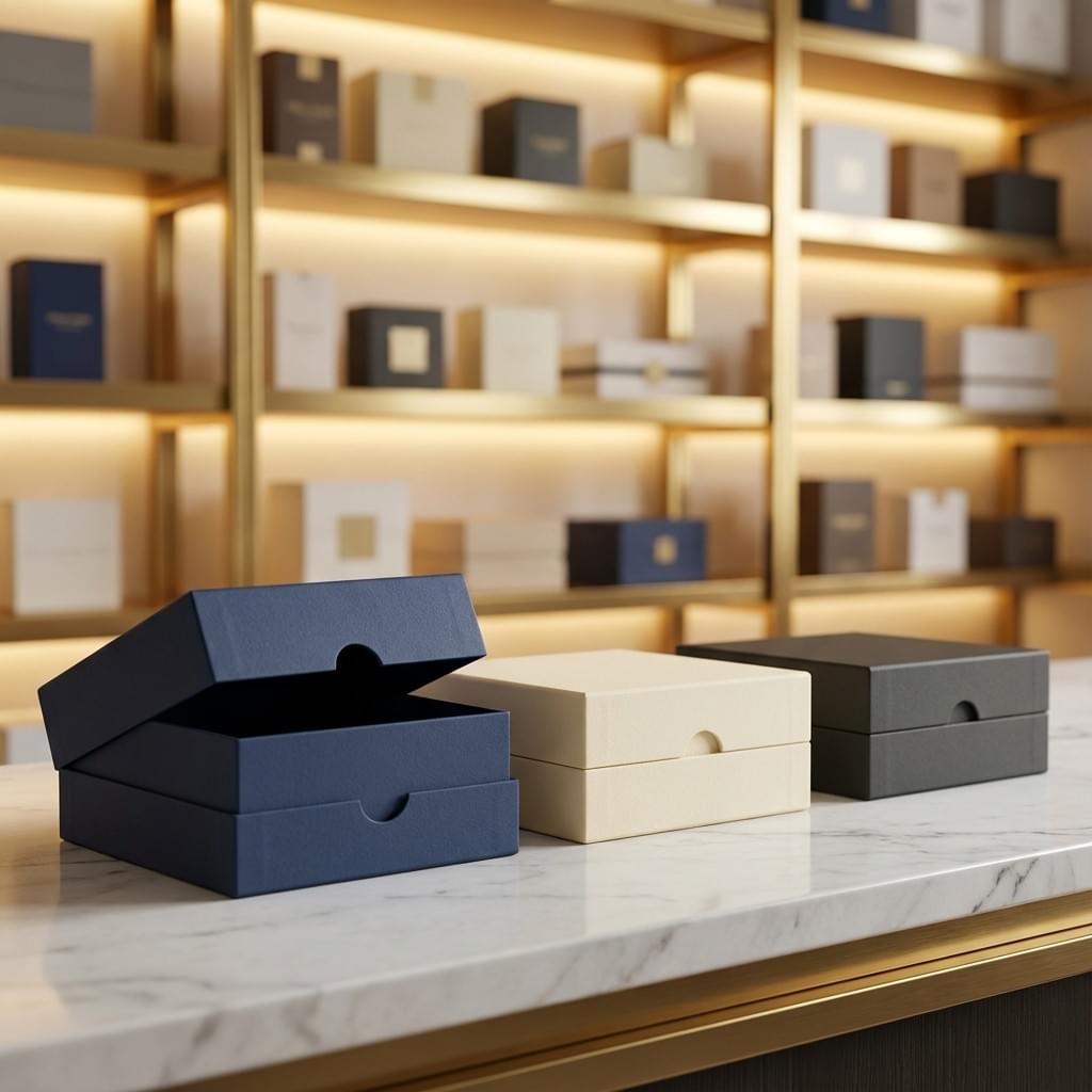 Two-piece lid boxes with a subtle thumb notch for easy opening, shown with one box slightly opened. Two-piece lid boxes with a subtle thumb notch for easy opening, shown with one box slightly opened.