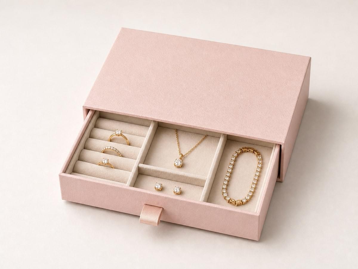 Pink paper-wrapped drawer jewelry box with slide-out tray and fitted jewelry compartments Pink paper-wrapped drawer jewelry box with slide-out tray and fitted jewelry compartments