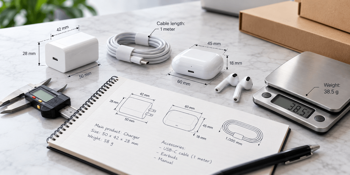 Product size and weight details for electronics accessory packaging brief Product size and weight details for electronics accessory packaging brief