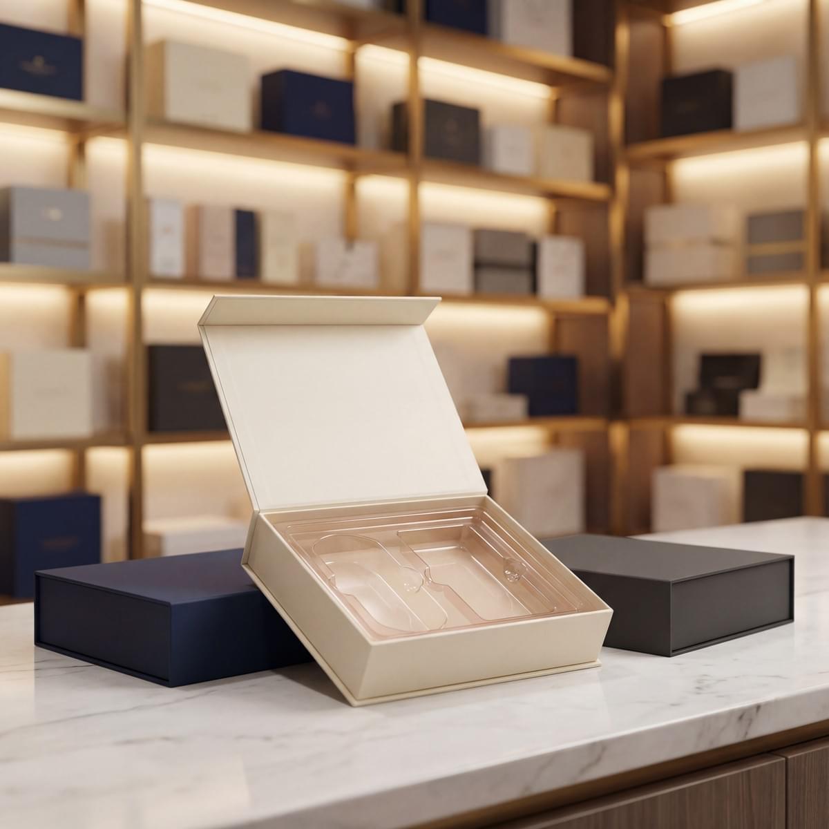 Rigid box with a vacuum formed PET tray insert, shown open to display precise molded cavities. Rigid box with a vacuum formed PET tray insert, shown open to display precise molded cavities.