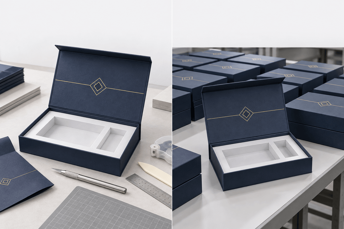 Handmade printed packaging sample compared with bulk-produced die-cut boxes Handmade printed packaging sample compared with bulk-produced die-cut boxes