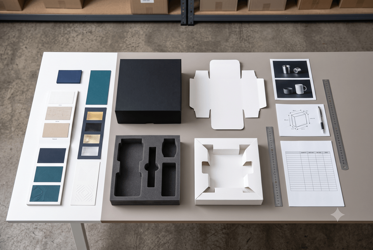 Box samples, material swatches, inserts, product dimensions, and finishing references prepared for a packaging quote Box samples, material swatches, inserts, product dimensions, and finishing references prepared for a packaging quote