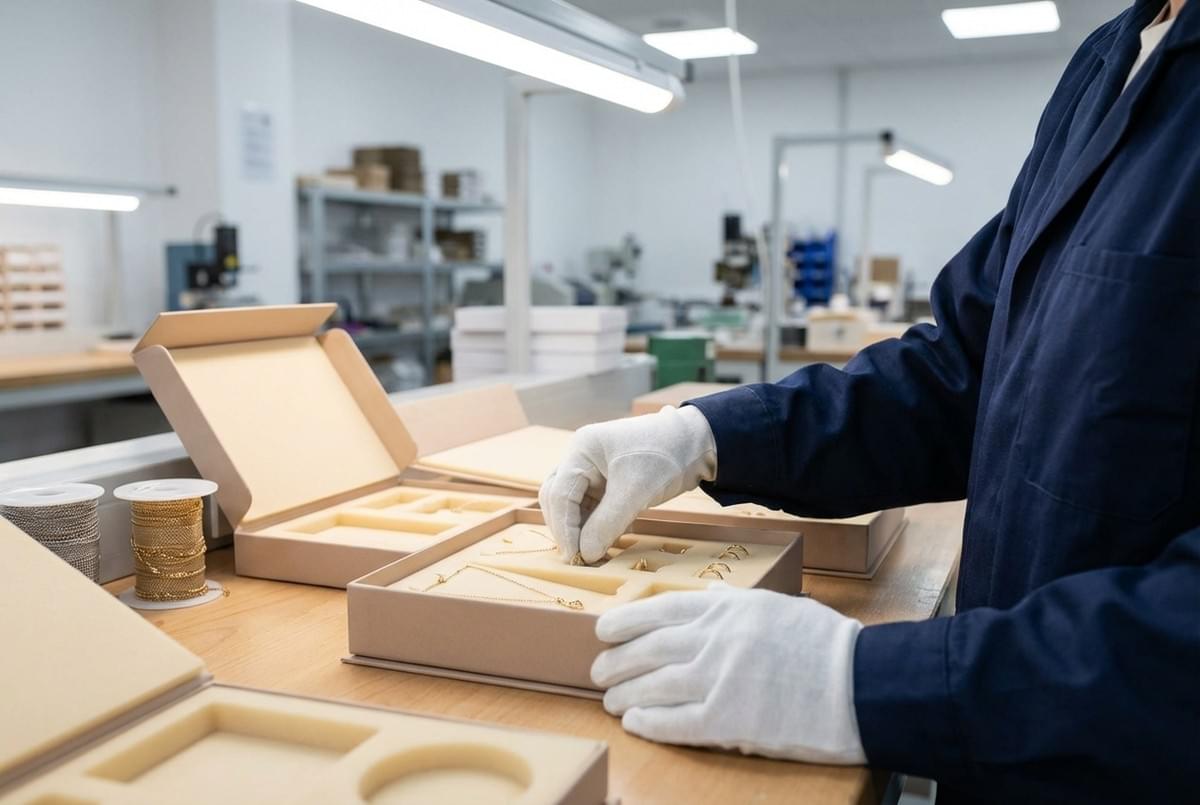 Foam insert jewelry packaging in a Chinese factory, designed to cushion and protect fragile jewelry items during handling and transportation. Foam insert jewelry packaging in a Chinese factory, designed to cushion and protect fragile jewelry items during handling and transportation.