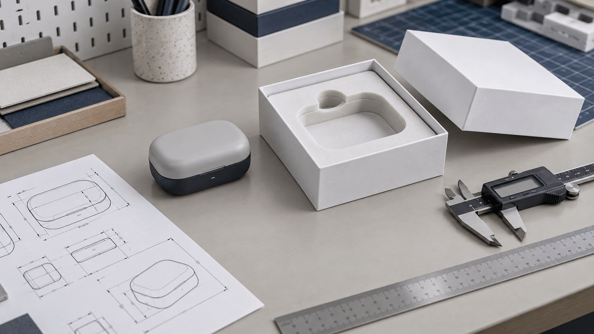 Physical product being measured and tested inside a white packaging prototype with a fitted insert Physical product being measured and tested inside a white packaging prototype with a fitted insert