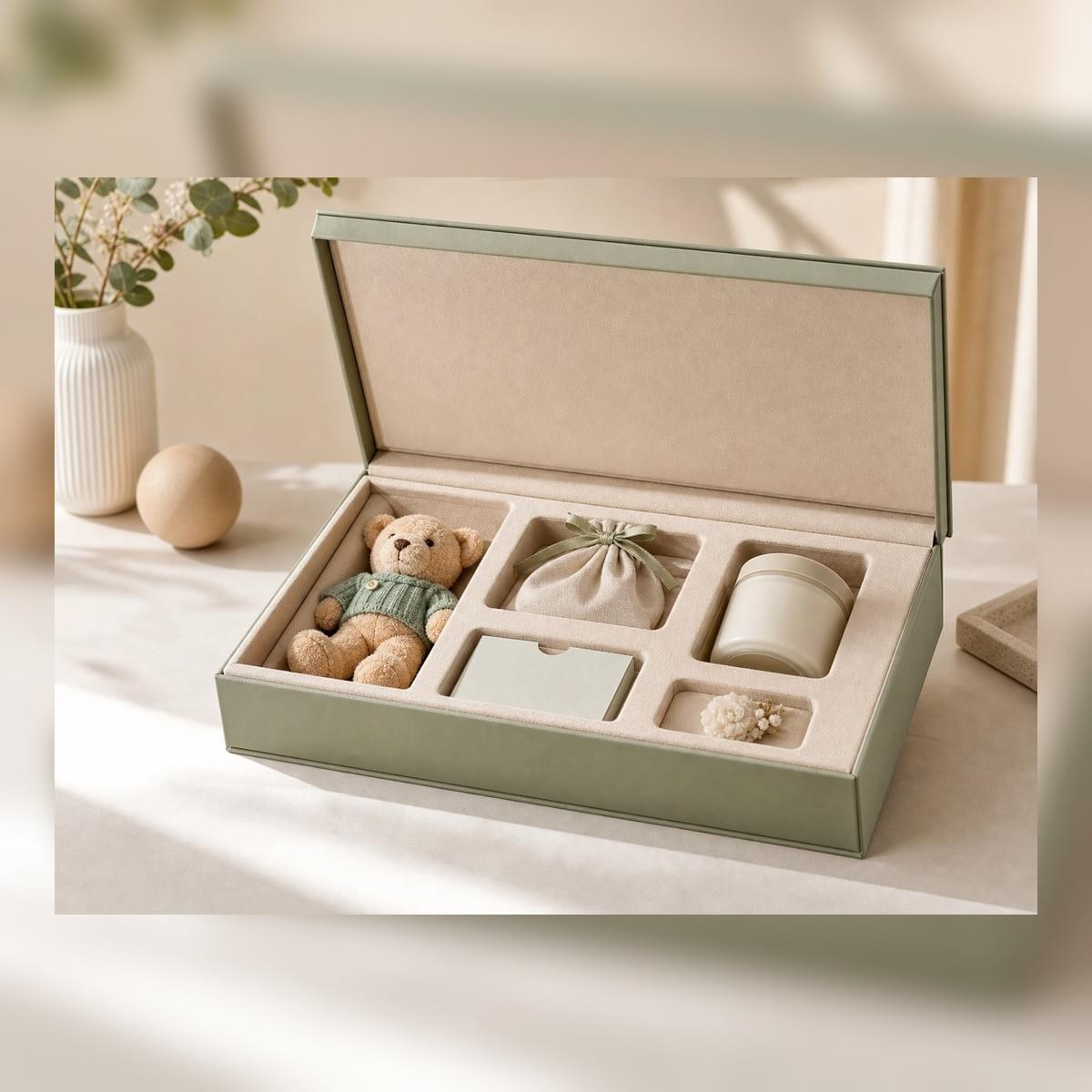 Custom insert layout for premium gift sets with fitted compartments and velvet lining Custom insert layout for premium gift sets with fitted compartments and velvet lining