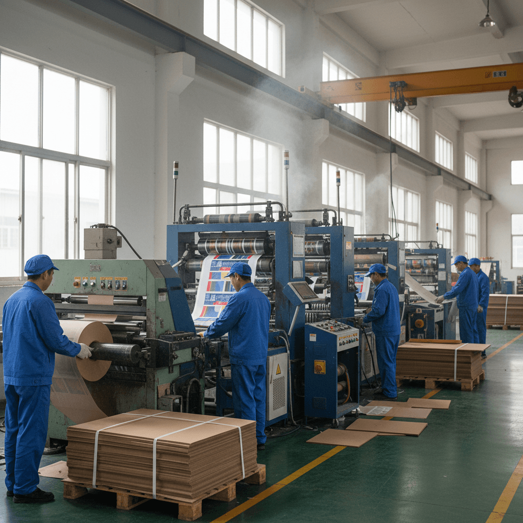 Automated packaging production line at QX Packs factory with Chinese workers in blue uniforms Automated packaging production line at QX Packs factory with Chinese workers in blue uniforms