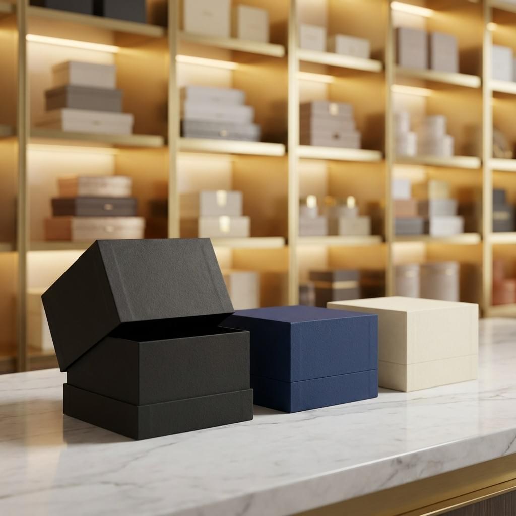 Telescoping rigid boxes with deep full-cover lids, showing a tight overlap between lid and base. Telescoping rigid boxes with deep full-cover lids, showing a tight overlap between lid and base.