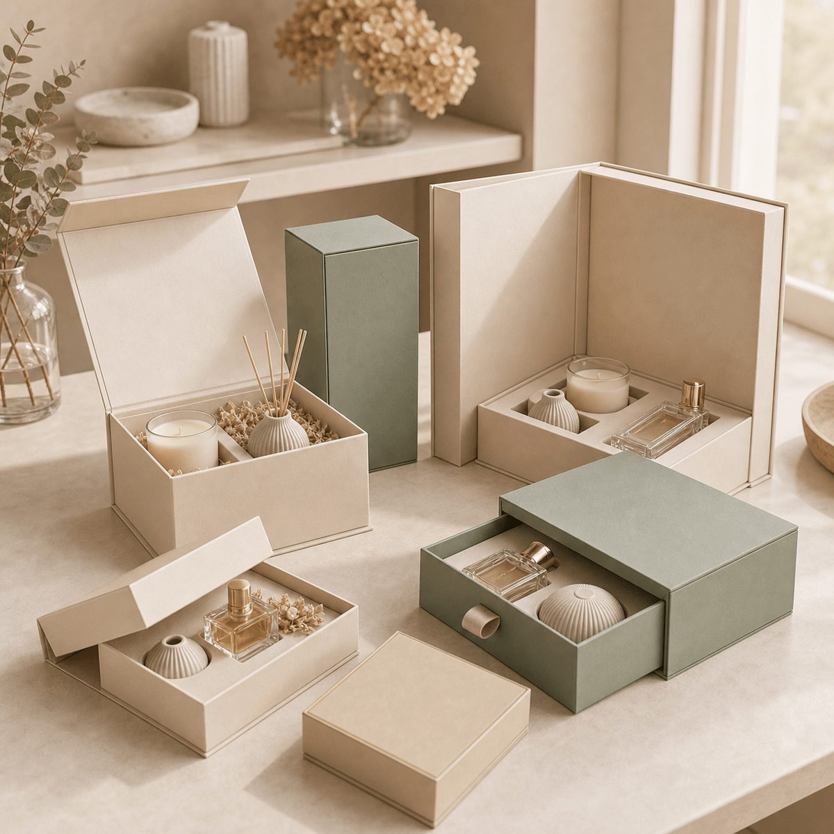 Luxury rigid fragrance packaging boxes for perfume, candles, and home scent gift sets Luxury rigid fragrance packaging boxes for perfume, candles, and home scent gift sets