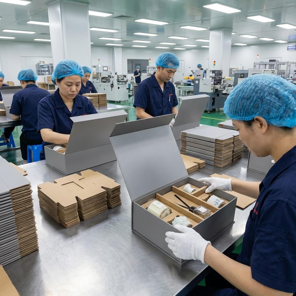Factory workers assembling compartment dividers and inserts for home décor and lifestyle gift set packaging. Factory workers assembling compartment dividers and inserts for home décor and lifestyle gift set packaging.