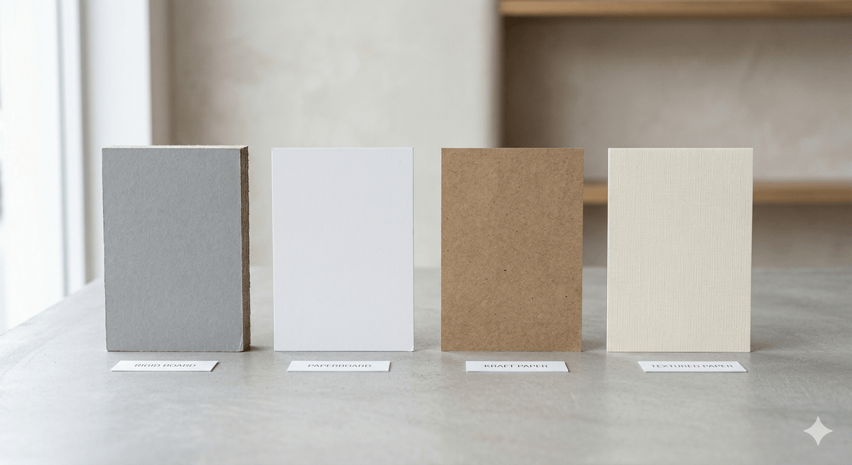 Different materials used in custom packaging such as rigid board and paperboard Different materials used in custom packaging such as rigid board and paperboard