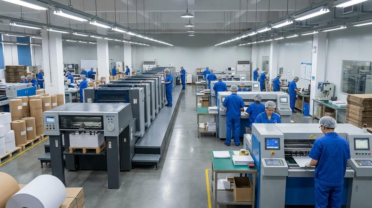 Chinese workers in blue uniforms operating printing and cutting machines at QX Packs factory Chinese workers in blue uniforms operating printing and cutting machines at QX Packs factory