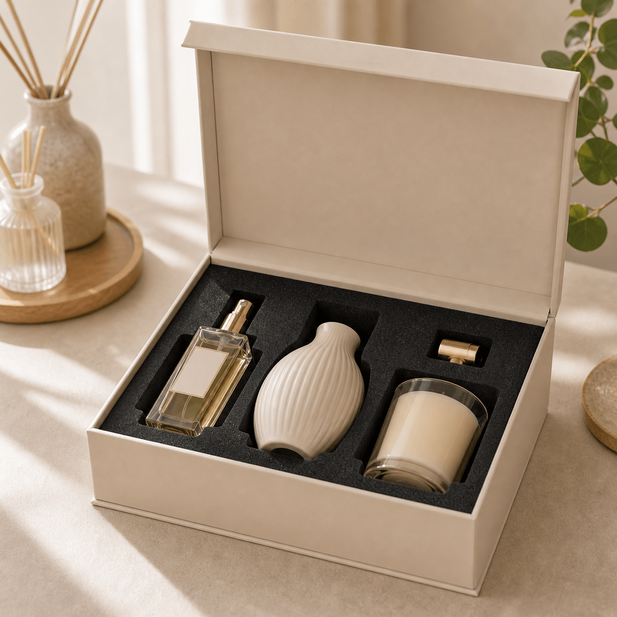 EVA inserts for fragrance packaging boxes to hold perfume bottles, candles, and scent products securely EVA inserts for fragrance packaging boxes to hold perfume bottles, candles, and scent products securely