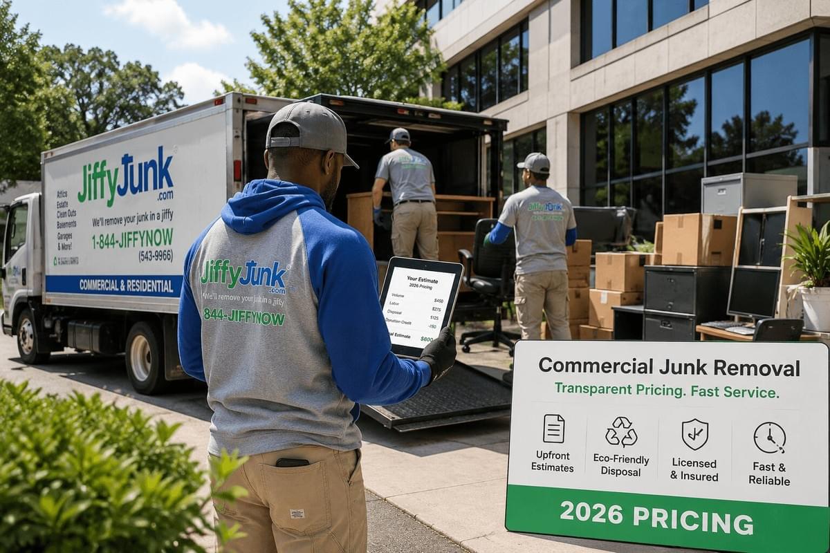 Commercial junk removal team loading office furniture into a truck while reviewing transparent 2026 pricing estimates Commercial junk removal team loading office furniture into a truck while reviewing transparent 2026 pricing estimates