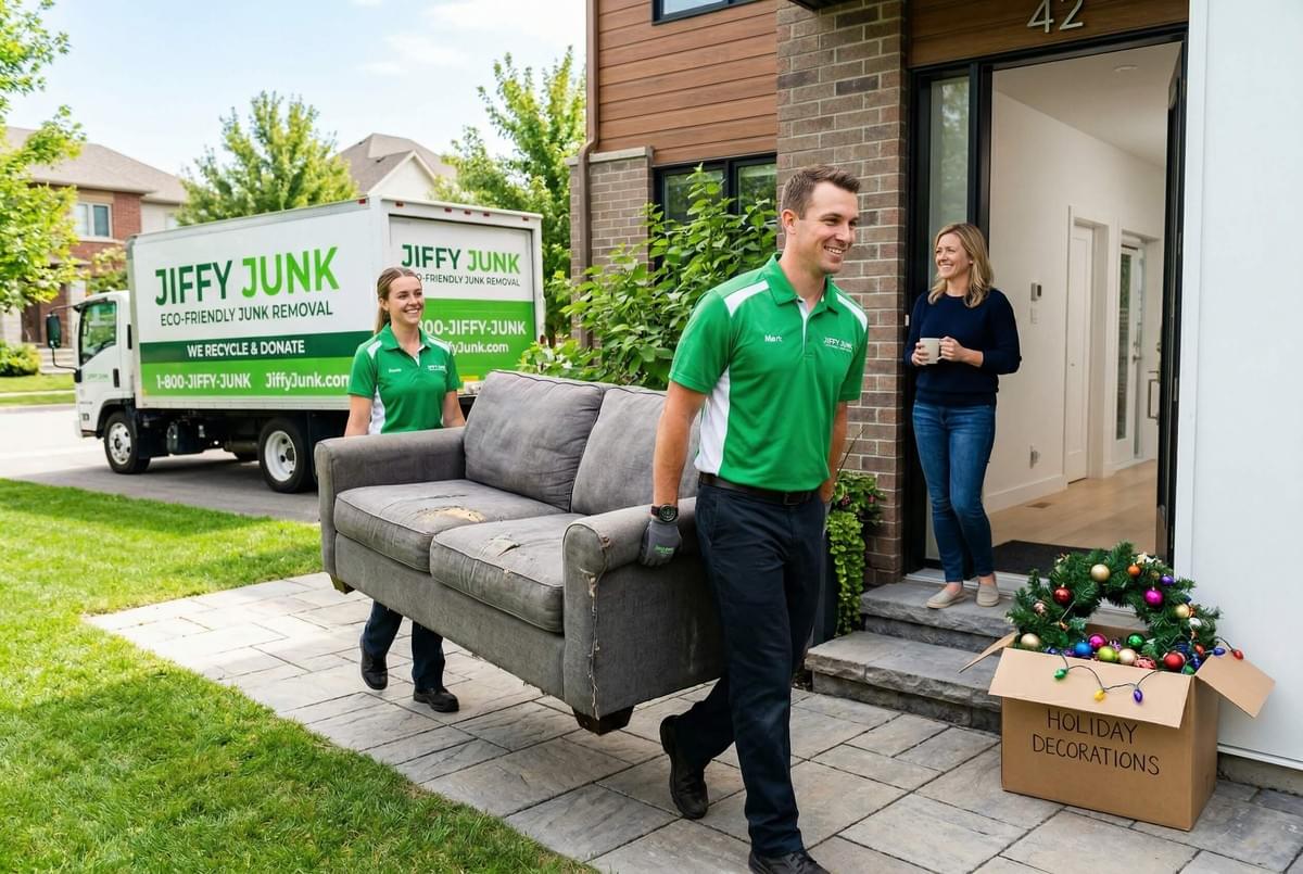 junk removal team carrying old couch from home for holiday decluttering and donation or disposal junk removal team carrying old couch from home for holiday decluttering and donation or disposal