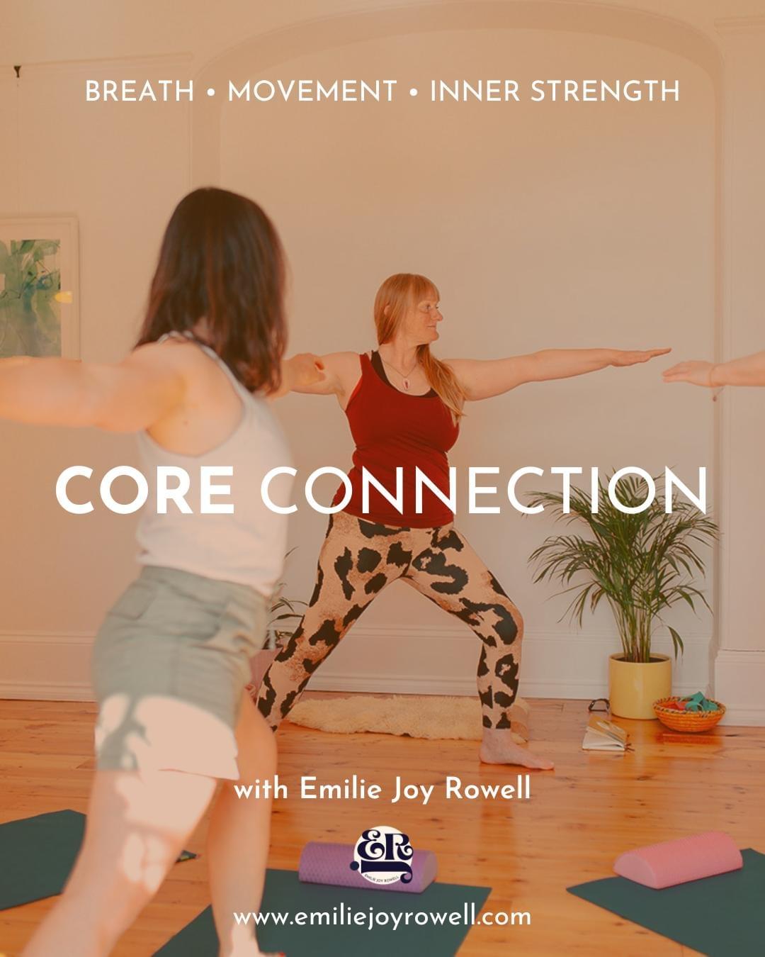 Emilie teaching a pelvic floor aware yoga pose, text reads: Core connection, breath, movement, inner strength. With Emilie Joy Rowell at Fucky Monkey Emilie teaching a pelvic floor aware yoga pose, text reads: Core connection, breath, movement, inner strength. With Emilie Joy Rowell at Fucky Monkey