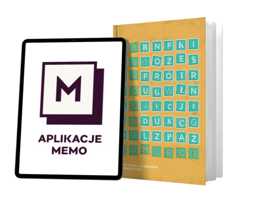 Żółta książka ze scenariuszami zajęć grupowych oraz tablet z napisem aplikacje memo oraz ikonką z literą M Żółta książka ze scenariuszami zajęć grupowych oraz tablet z napisem aplikacje memo oraz ikonką z literą M