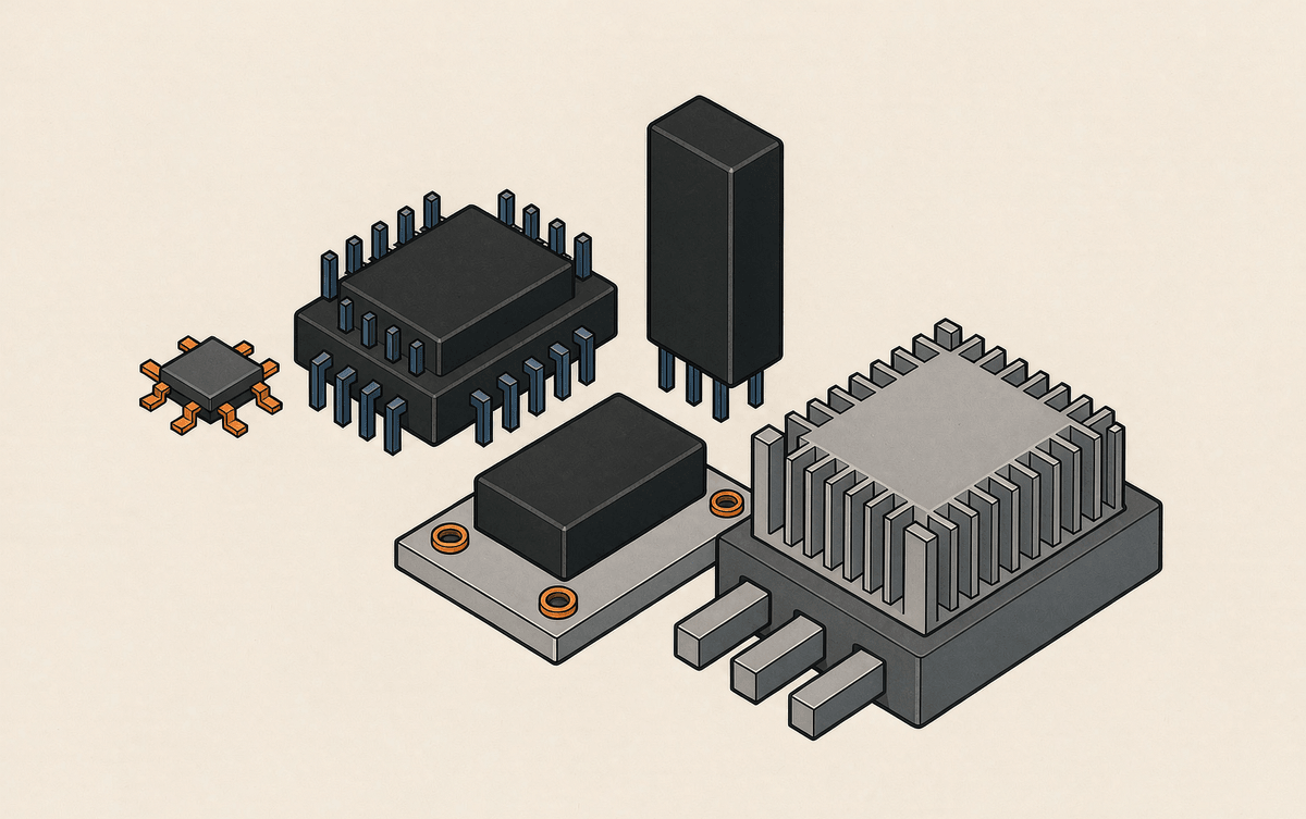 Five typical IPM package forms: a small SMD package, a dual in-line package, an upright single in-line package, a screw-mounted baseplate module and a heatsink module
